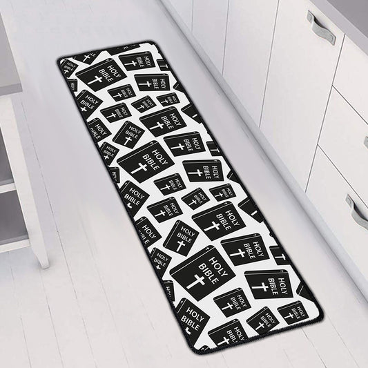 Black And White Holy Bible Pattern Print Long Kitchen Mat