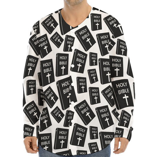 Black And White Holy Bible Pattern Print Long Sleeve Baseball Jersey