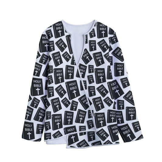 Black And White Holy Bible Pattern Print Long Sleeve Short Coat