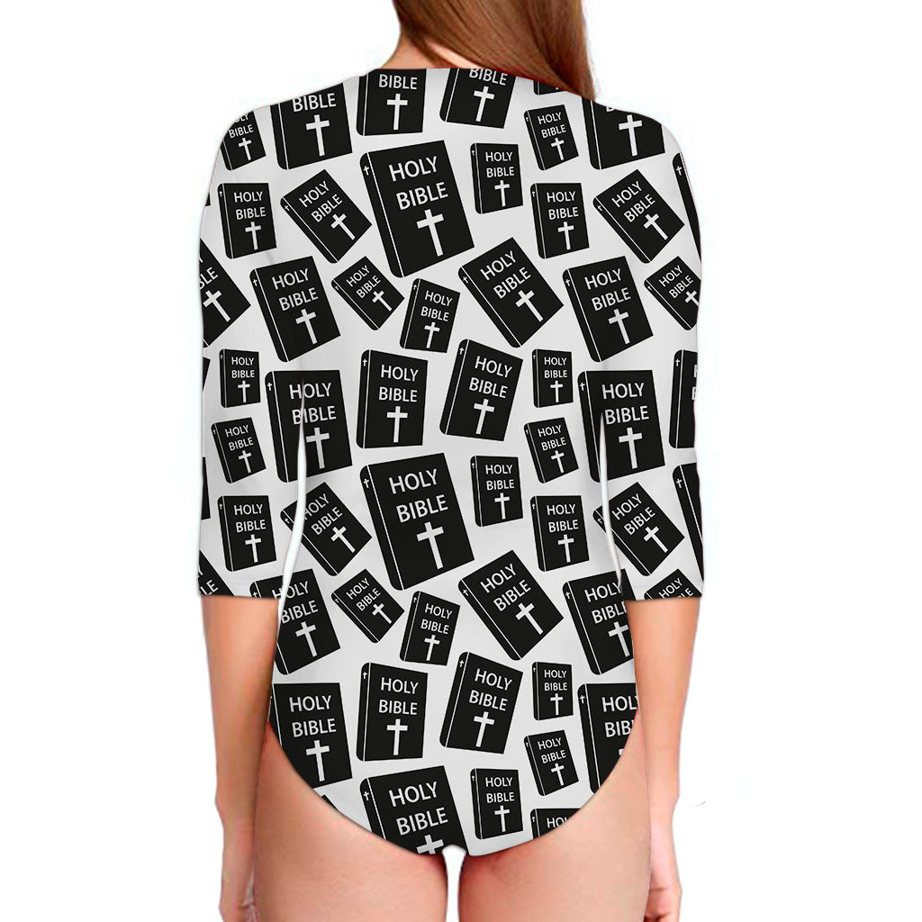 Black And White Holy Bible Pattern Print Long Sleeve Swimsuit