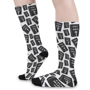 Black And White Holy Bible Pattern Print Long Socks