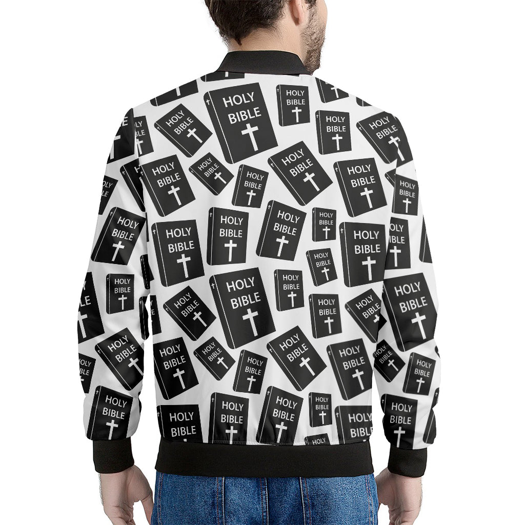 Black And White Holy Bible Pattern Print Men's Bomber Jacket