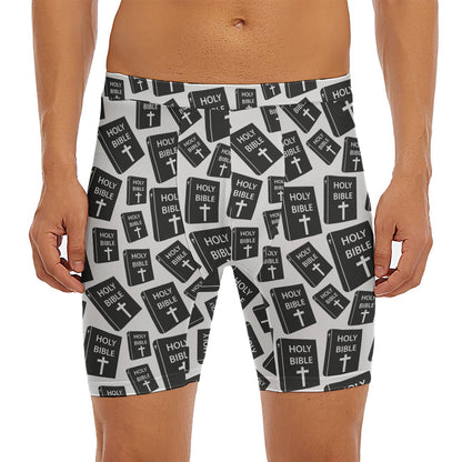Black And White Holy Bible Pattern Print Men's Long Boxer Briefs