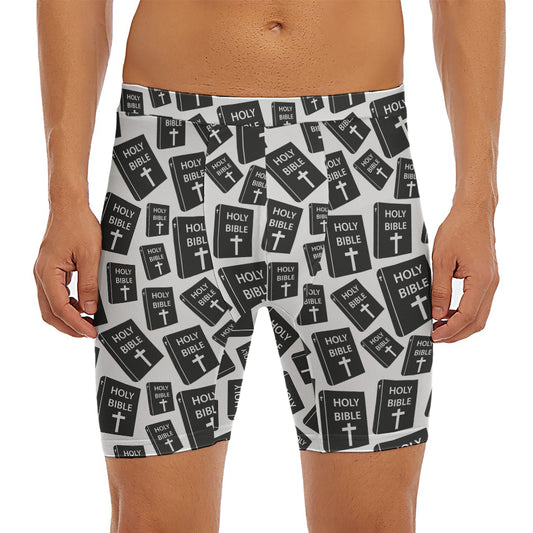 Black And White Holy Bible Pattern Print Men's Long Boxer Briefs