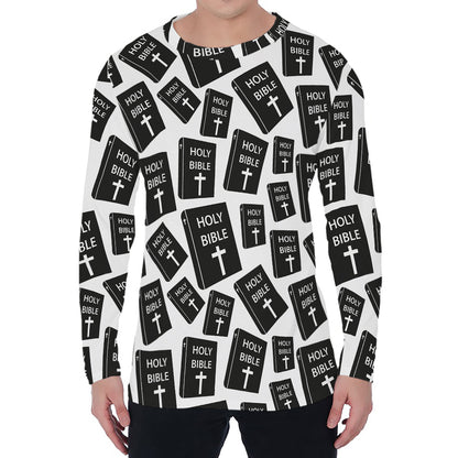 Black And White Holy Bible Pattern Print Men's Long Sleeve T-Shirt