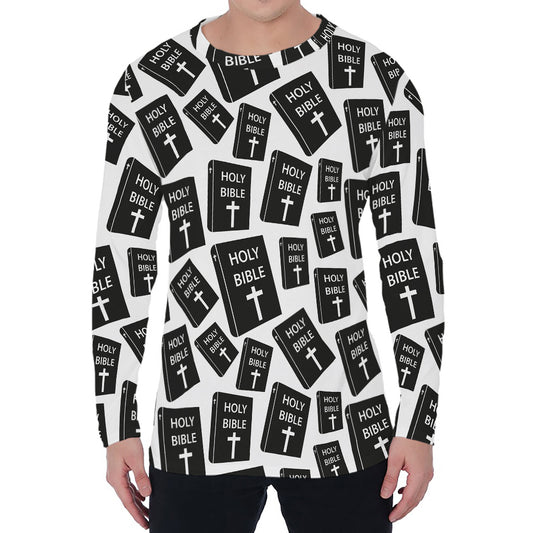 Black And White Holy Bible Pattern Print Men's Long Sleeve T-Shirt