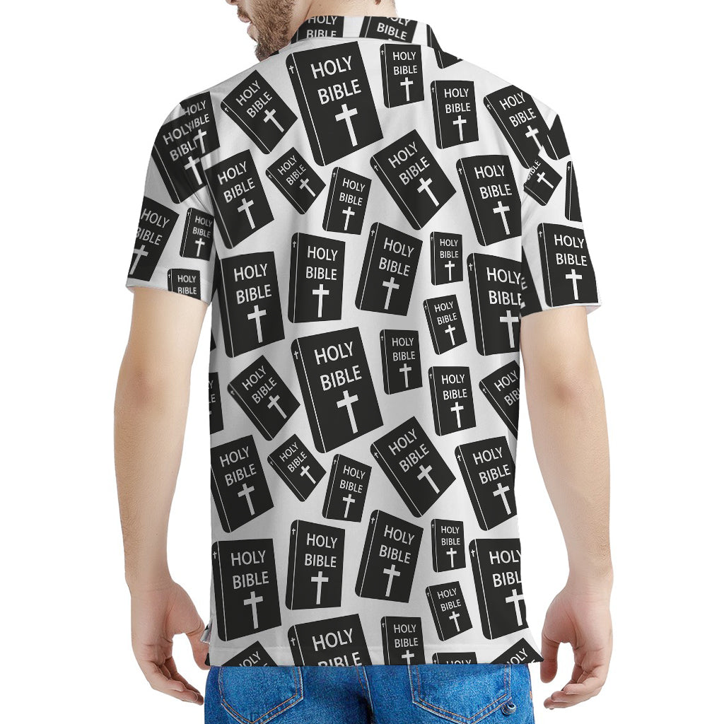 Black And White Holy Bible Pattern Print Men's Polo Shirt