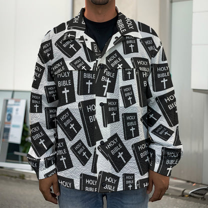 Black And White Holy Bible Pattern Print Men's Shirt Jacket