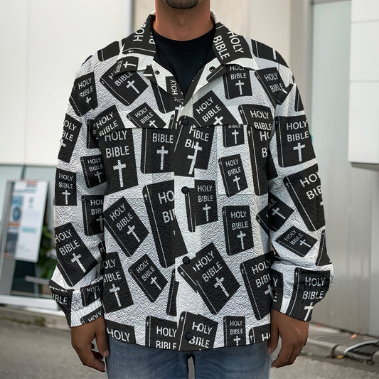 Black And White Holy Bible Pattern Print Men's Shirt Jacket