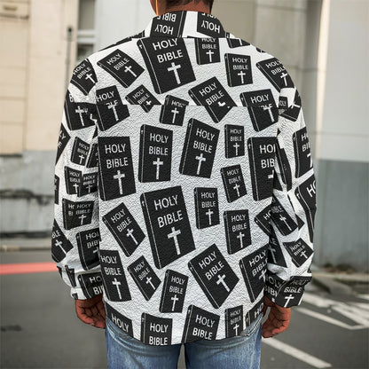 Black And White Holy Bible Pattern Print Men's Shirt Jacket