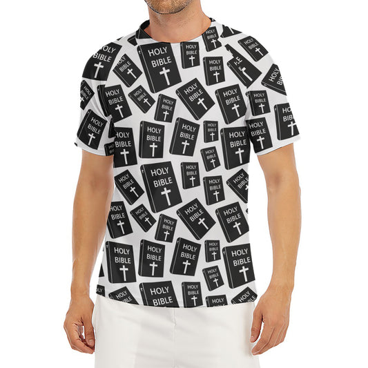 Black And White Holy Bible Pattern Print Men's Short Sleeve Rash Guard