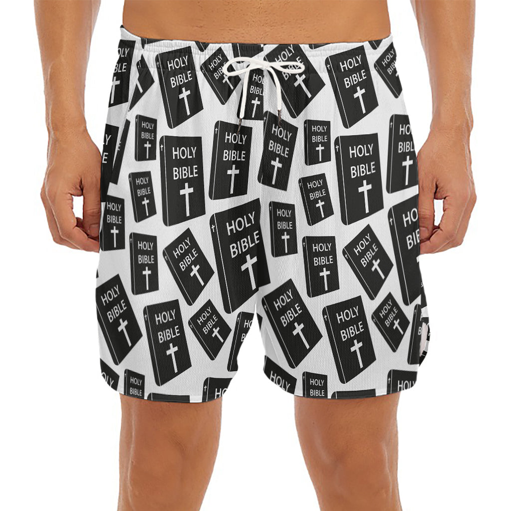 Black And White Holy Bible Pattern Print Men's Split Running Shorts