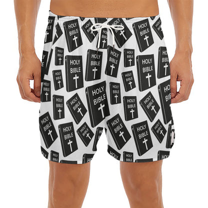 Black And White Holy Bible Pattern Print Men's Split Running Shorts