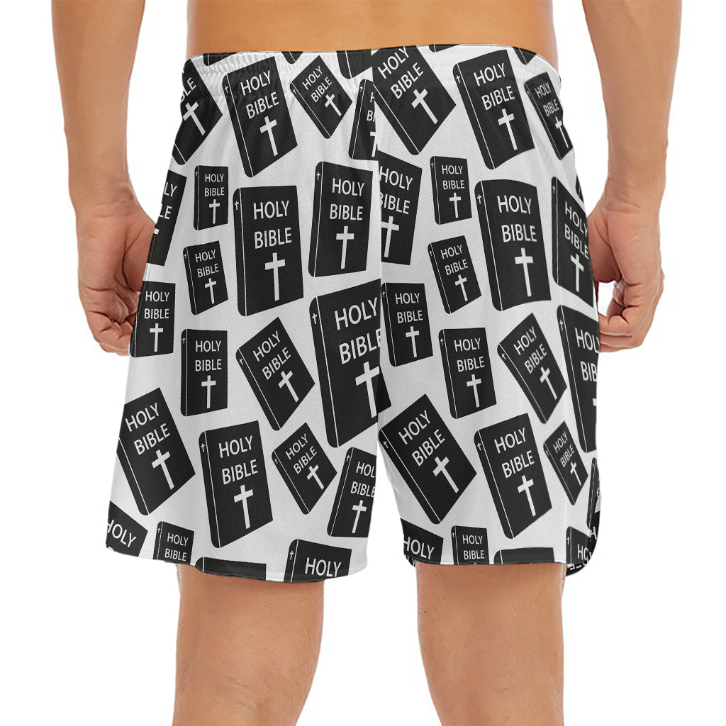 Black And White Holy Bible Pattern Print Men's Split Running Shorts