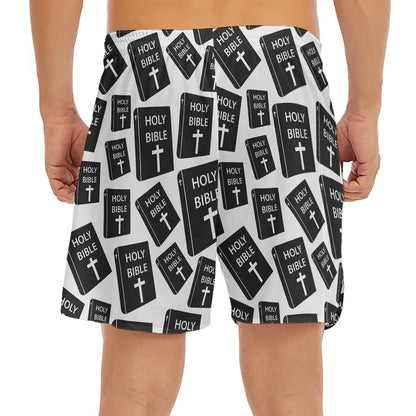 Black And White Holy Bible Pattern Print Men's Split Running Shorts