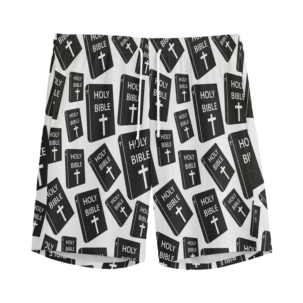 Black And White Holy Bible Pattern Print Men's Sports Shorts