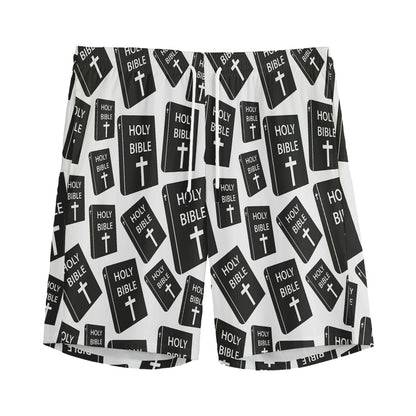 Black And White Holy Bible Pattern Print Men's Sports Shorts