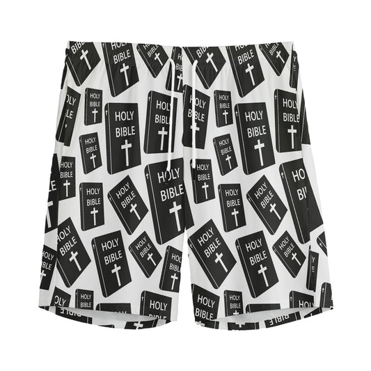 Black And White Holy Bible Pattern Print Men's Sports Shorts