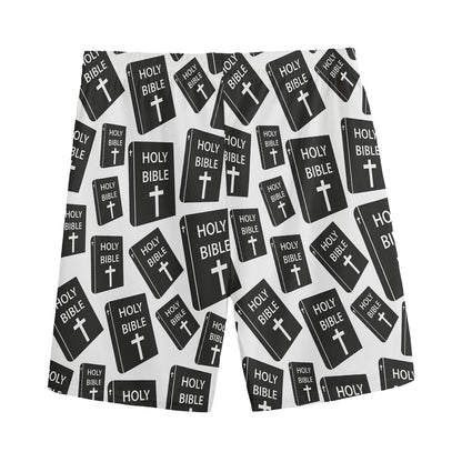 Black And White Holy Bible Pattern Print Men's Sports Shorts