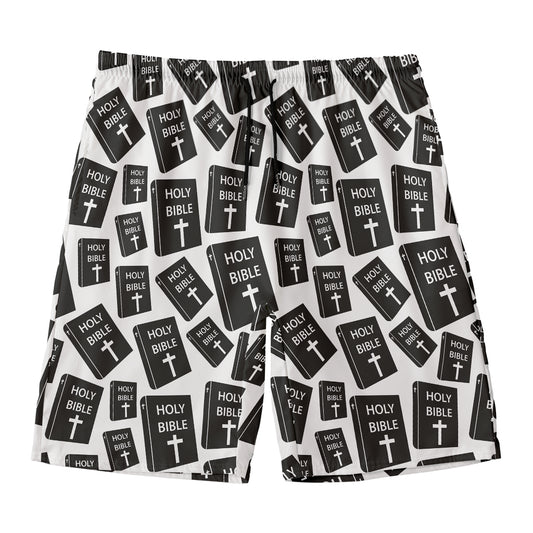 Black And White Holy Bible Pattern Print Men's Swim Trunks
