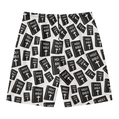 Black And White Holy Bible Pattern Print Men's Swim Trunks