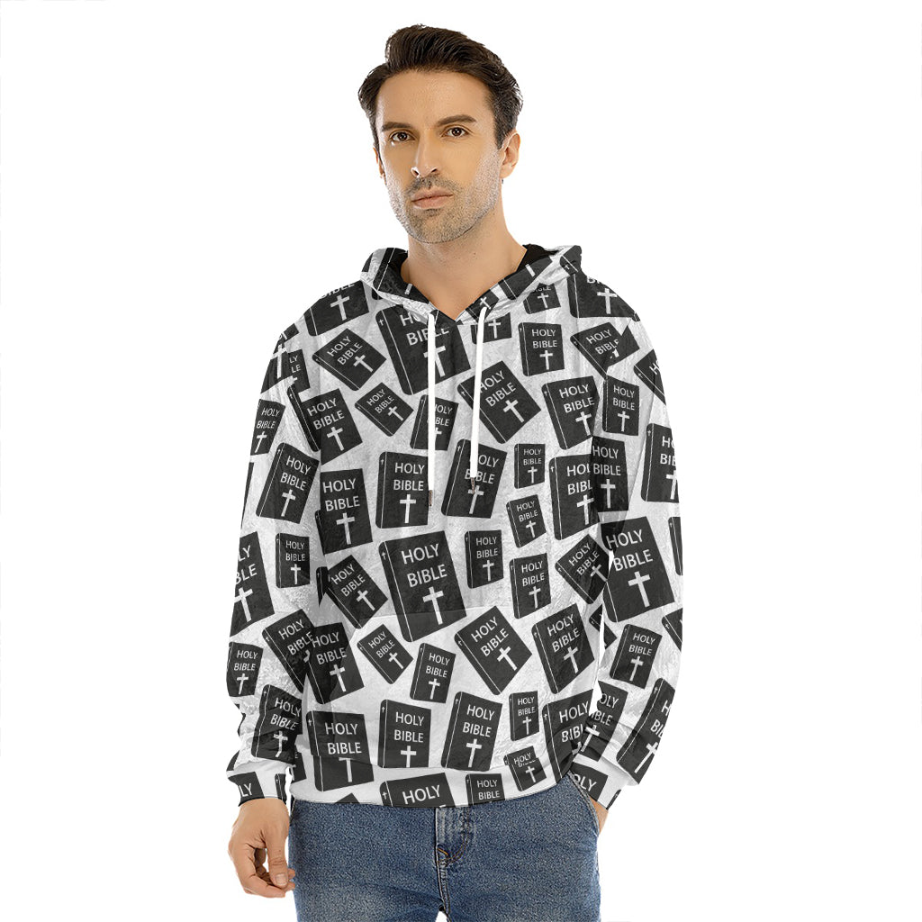 Black And White Holy Bible Pattern Print Men's Velvet Pullover Hoodie