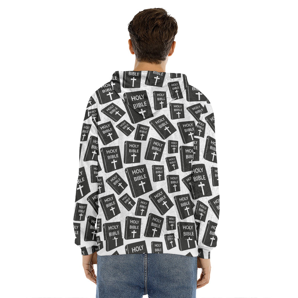 Black And White Holy Bible Pattern Print Men's Velvet Pullover Hoodie