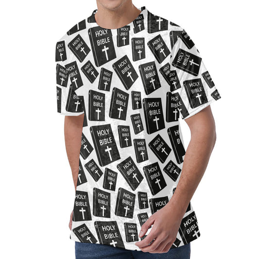 Black And White Holy Bible Pattern Print Men's Velvet T-Shirt