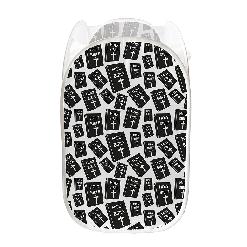 Black And White Holy Bible Pattern Print Mesh Laundry Hamper