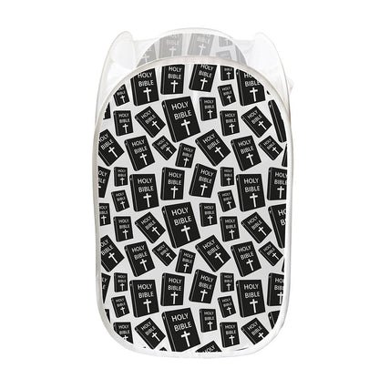 Black And White Holy Bible Pattern Print Mesh Laundry Hamper