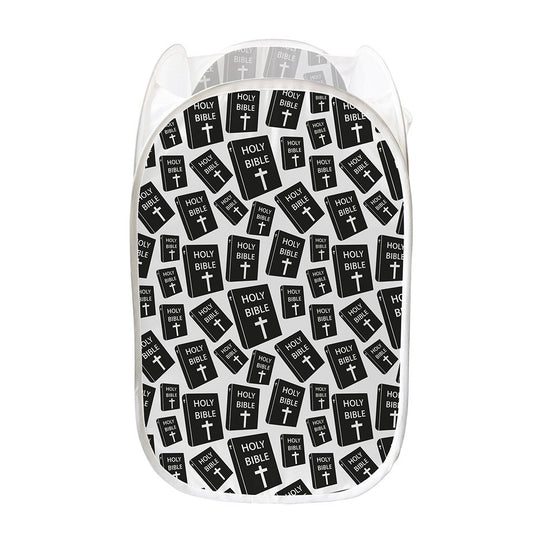 Black And White Holy Bible Pattern Print Mesh Laundry Hamper