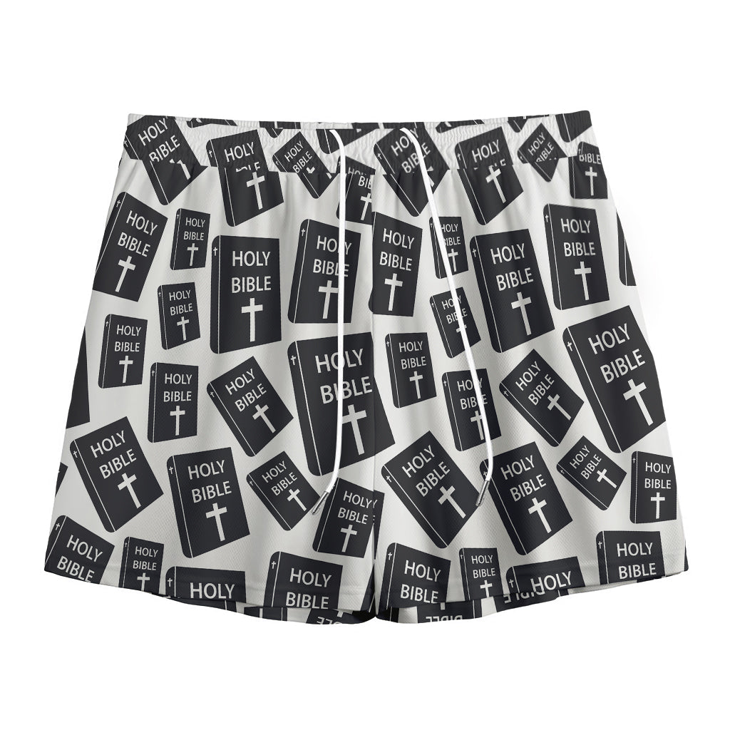 Black And White Holy Bible Pattern Print Mesh Shorts