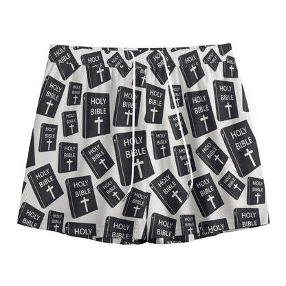 Black And White Holy Bible Pattern Print Mesh Shorts