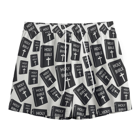 Black And White Holy Bible Pattern Print Mesh Shorts