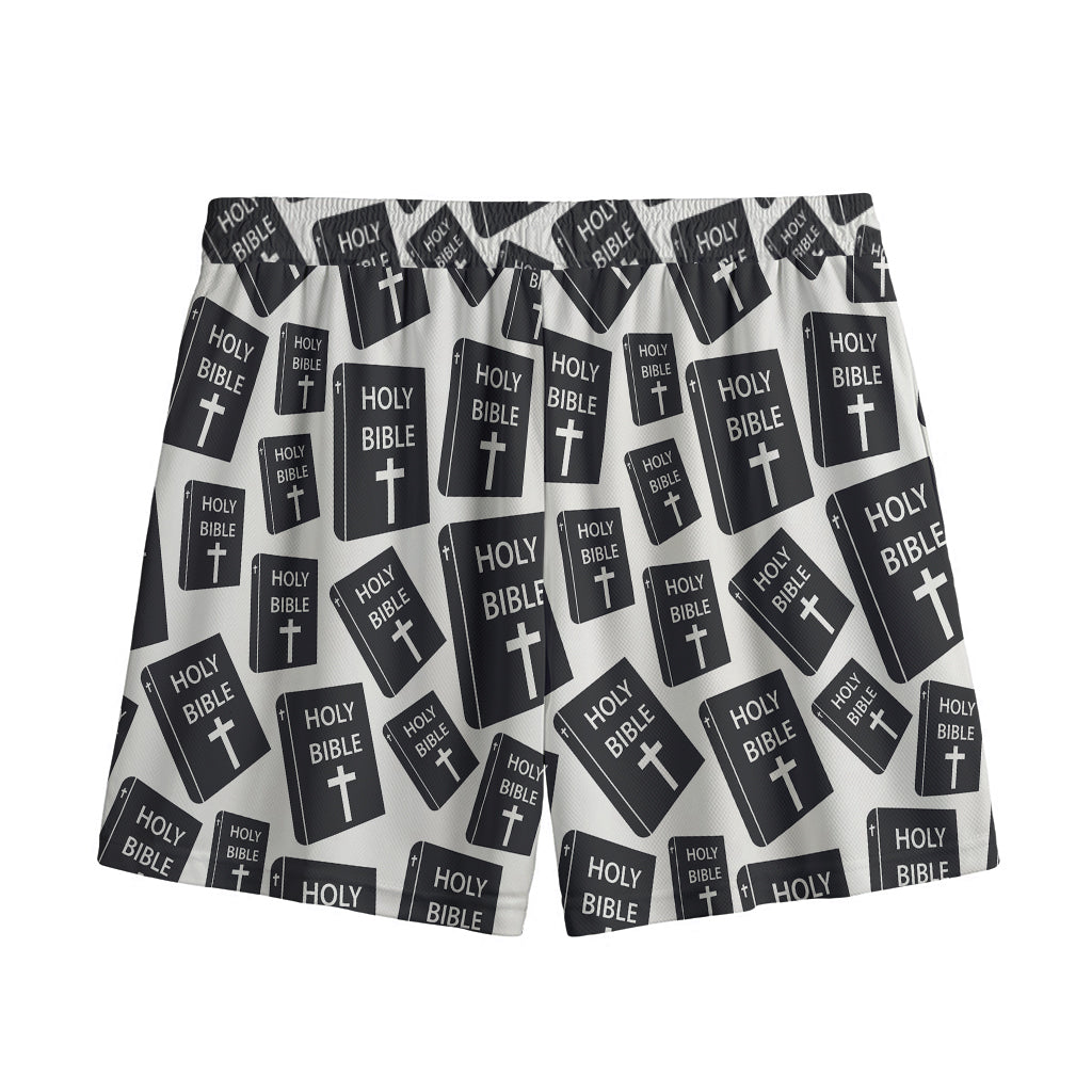 Black And White Holy Bible Pattern Print Mesh Shorts