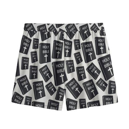 Black And White Holy Bible Pattern Print Mesh Shorts
