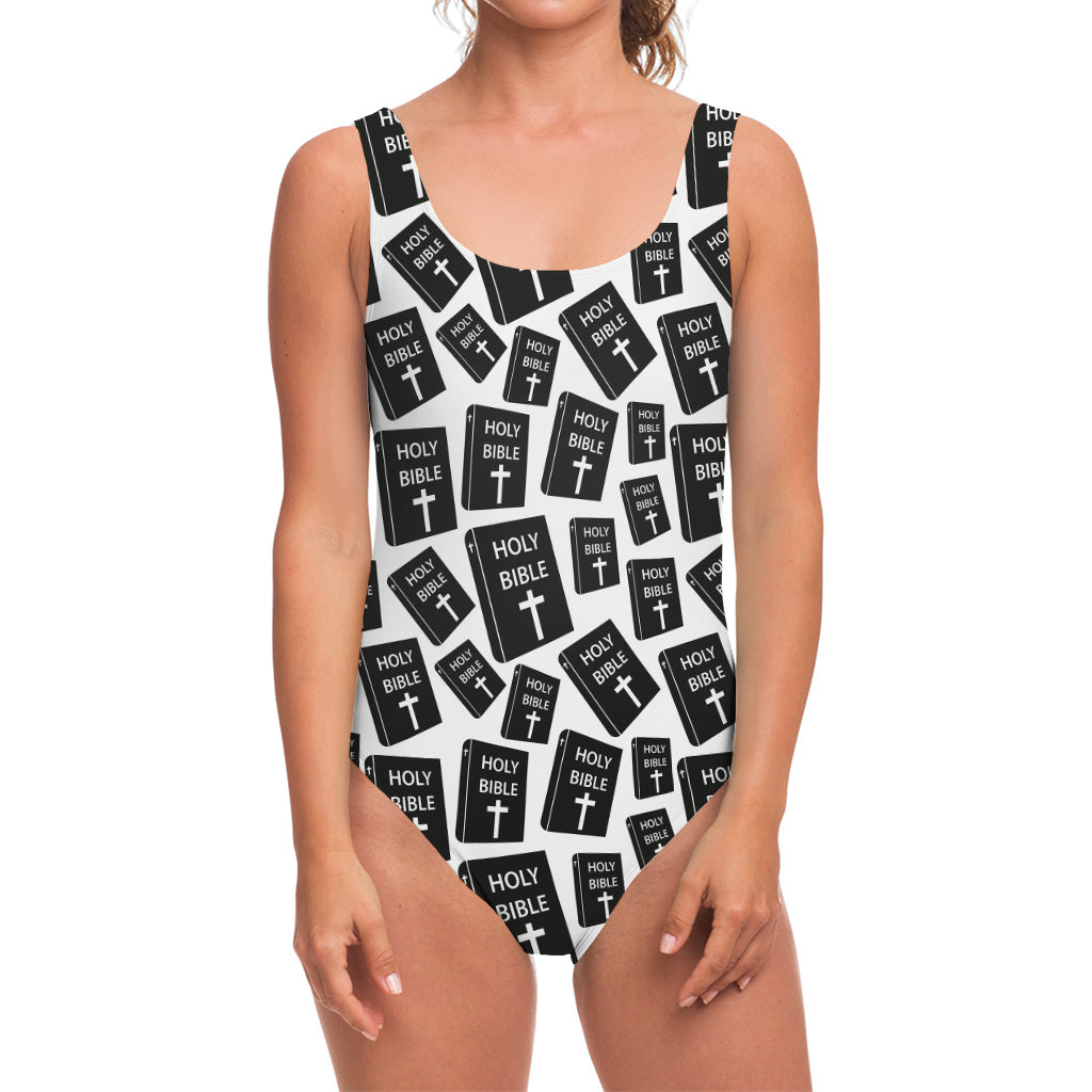 Black And White Holy Bible Pattern Print One Piece Swimsuit