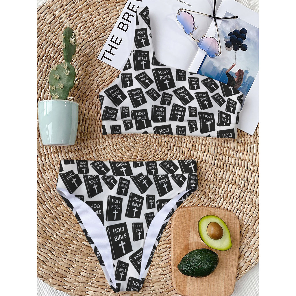 Black And White Holy Bible Pattern Print One Shoulder Bikini Top