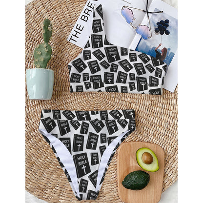 Black And White Holy Bible Pattern Print One Shoulder Bikini Top