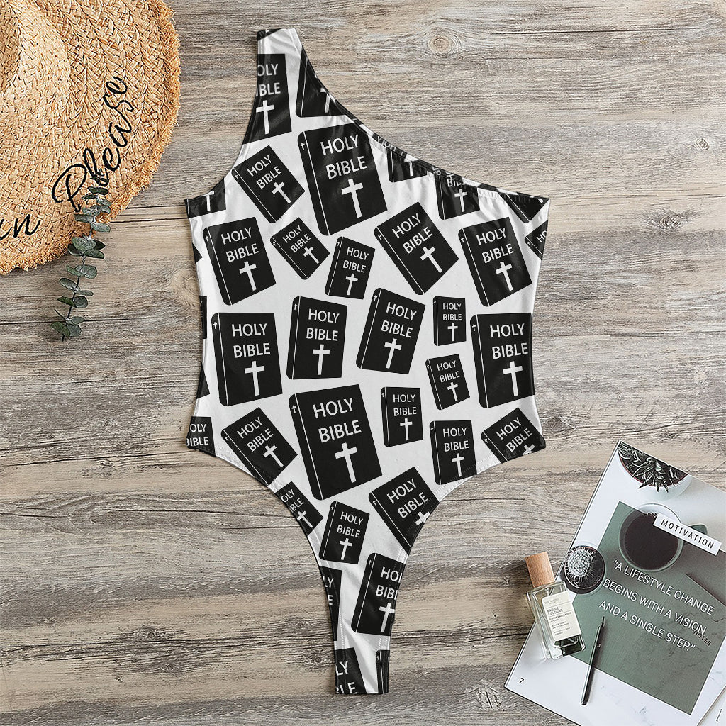 Black And White Holy Bible Pattern Print One Shoulder Bodysuit