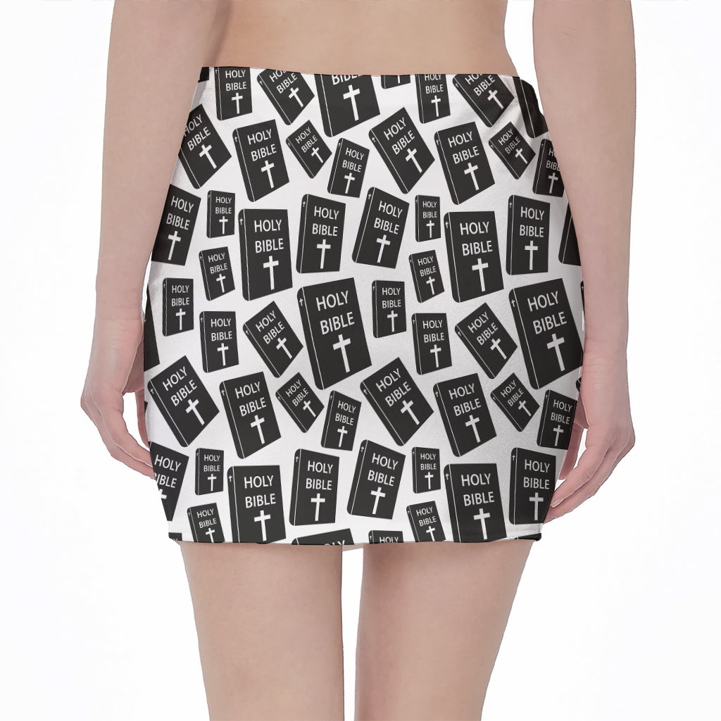 Black And White Holy Bible Pattern Print Pencil Mini Skirt