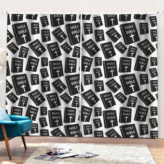 Black And White Holy Bible Pattern Print Pencil Pleat Curtains