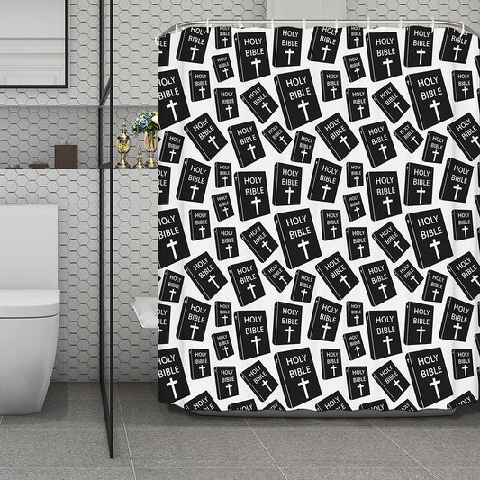 Black And White Holy Bible Pattern Print Polyester Shower Curtain