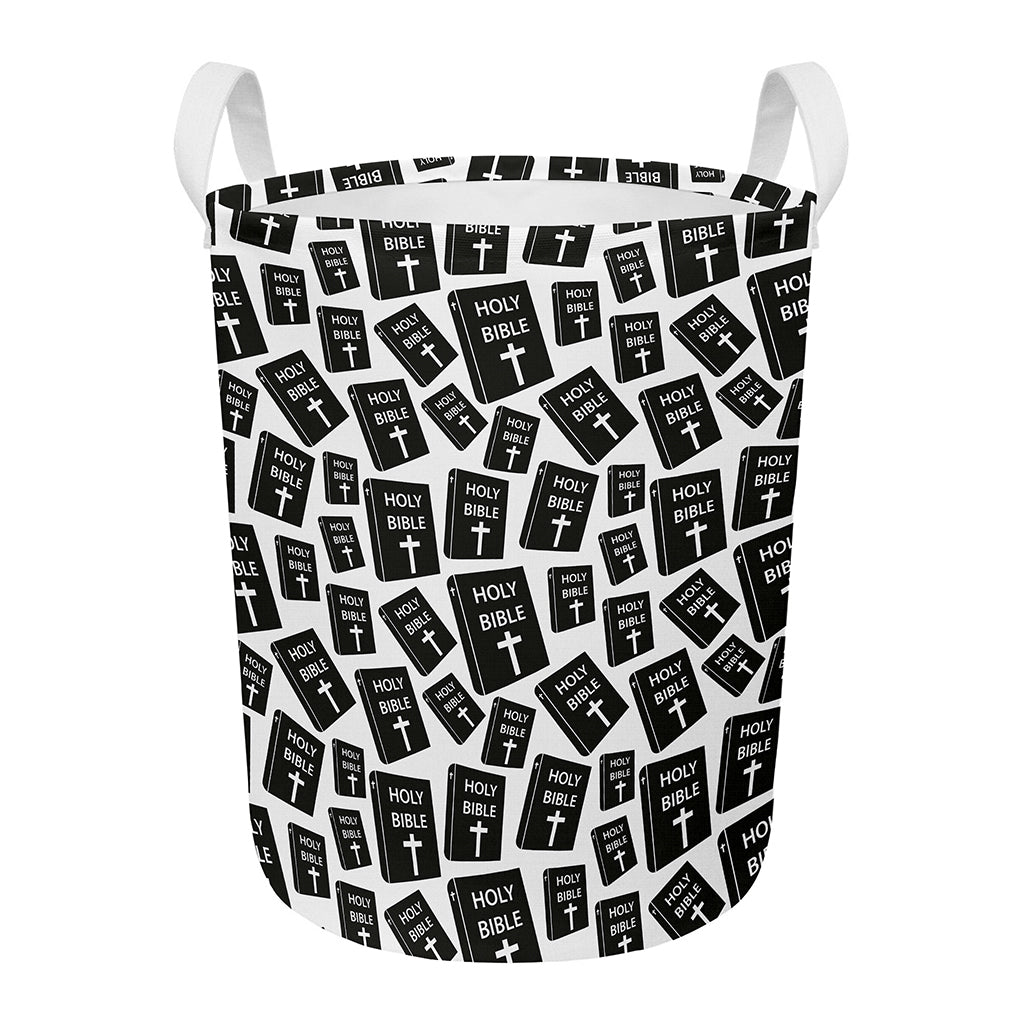 Black And White Holy Bible Pattern Print Round Laundry Basket