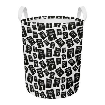 Black And White Holy Bible Pattern Print Round Laundry Basket