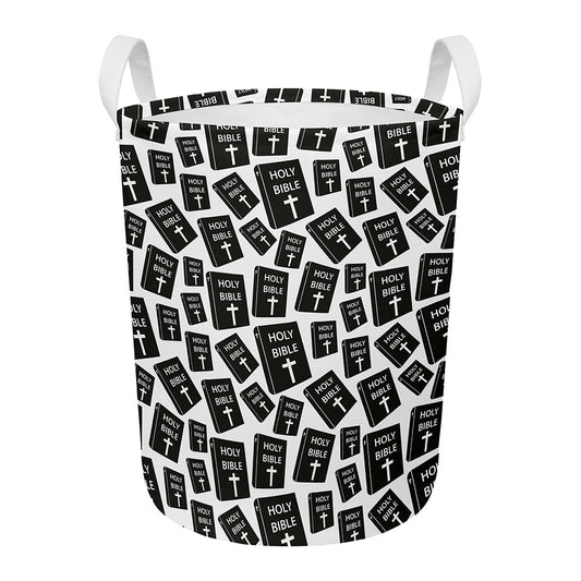 Black And White Holy Bible Pattern Print Round Laundry Basket