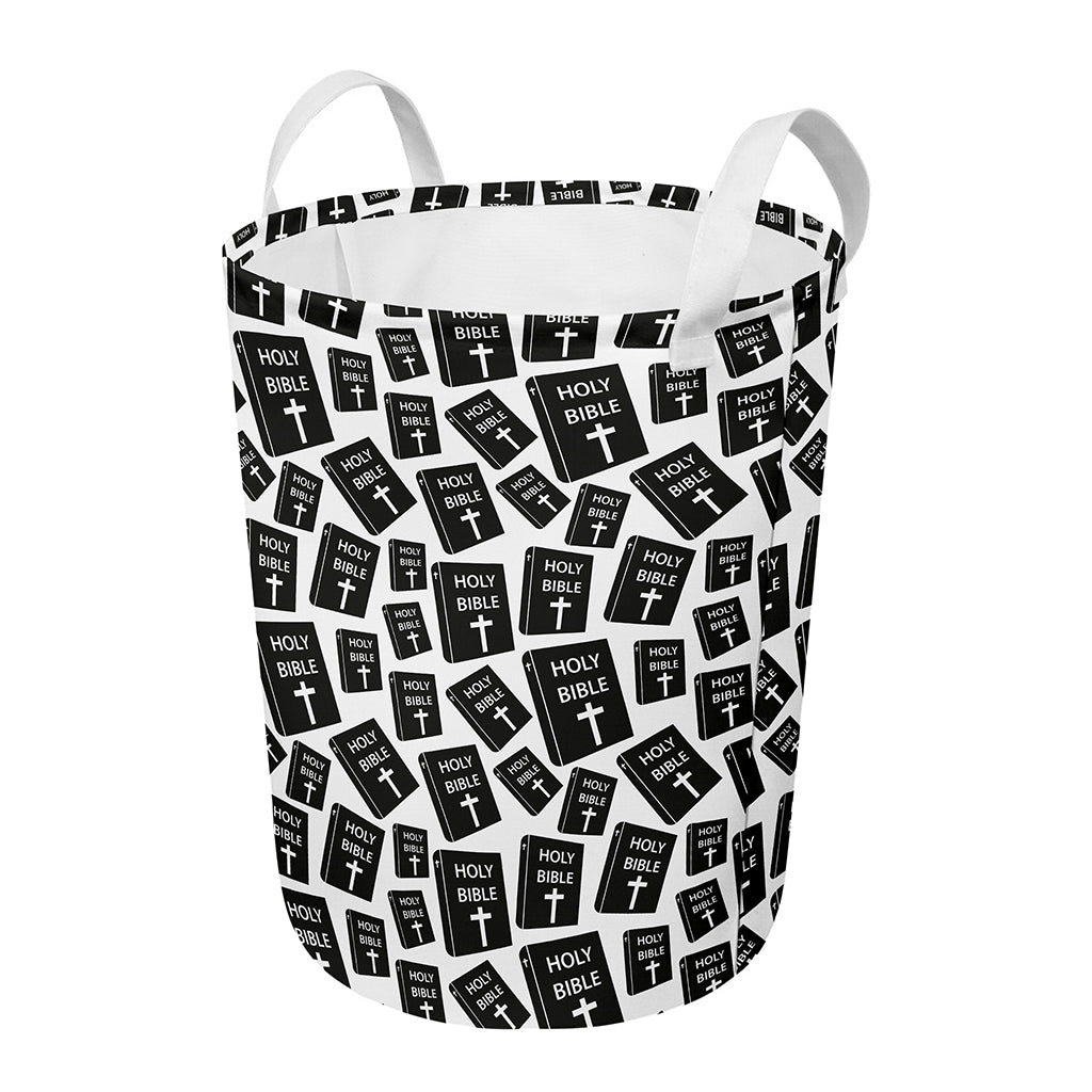 Black And White Holy Bible Pattern Print Round Laundry Basket