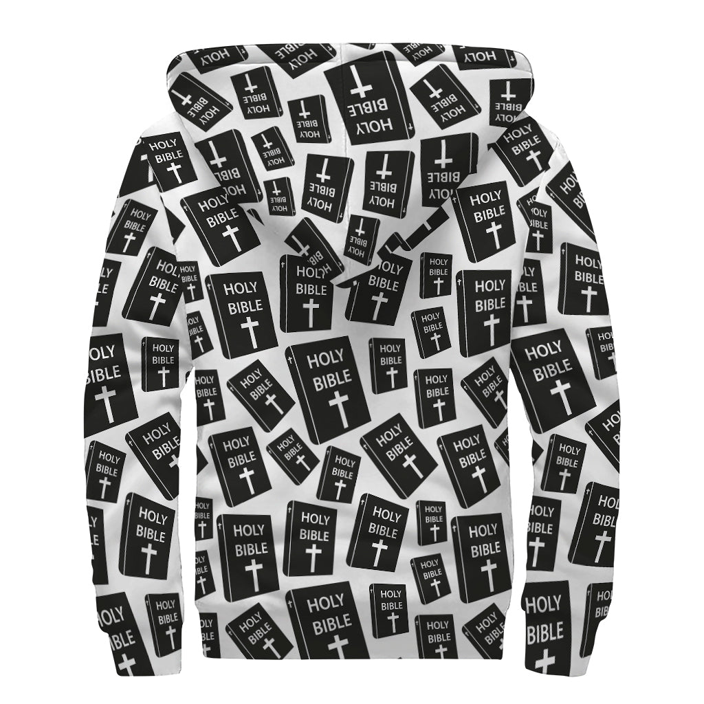 Black And White Holy Bible Pattern Print Sherpa Lined Zip Up Hoodie