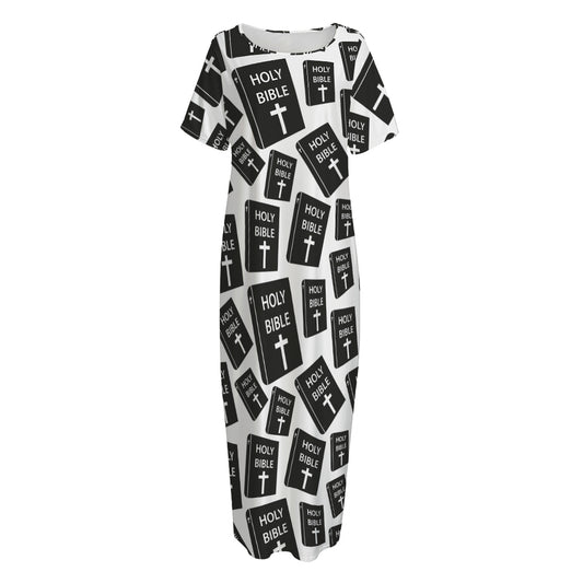 Black And White Holy Bible Pattern Print Short Sleeve Long Nightdress
