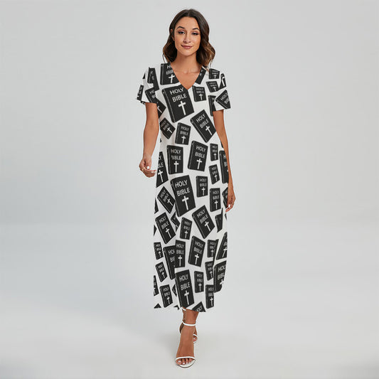 Black And White Holy Bible Pattern Print Short Sleeve Maxi Dress